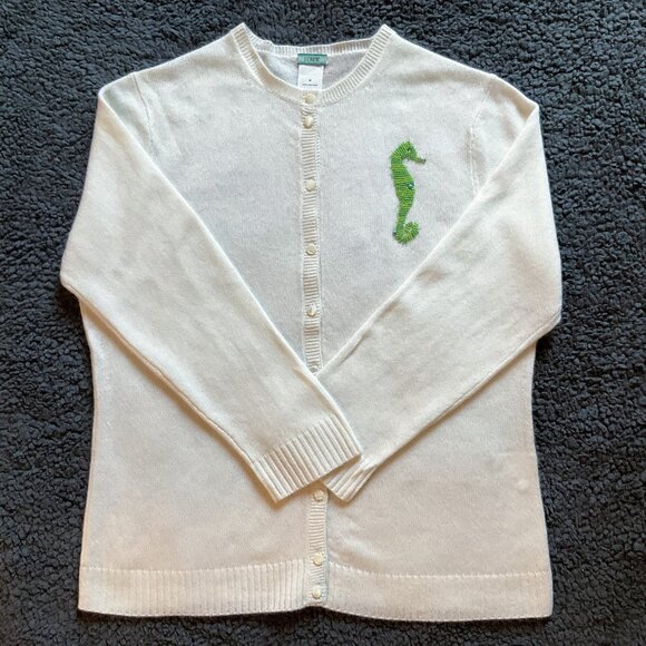 NWOT Vintage J CREW Cashmere Cardigan Sweater With Beaded Seahorse, Cream, Sz M - Picture 1 of 6
